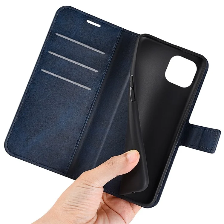 For iPhone 14 Plus 6.7 inch Textured PU Leather Side Magnetic Closure Phone Case Wallet Stand Shell - Blue