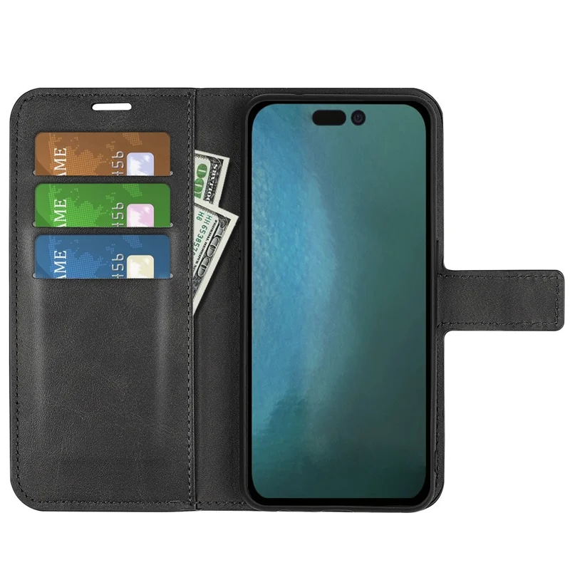 For iPhone 14 Plus 6.7 inch Textured PU Leather Side Magnetic Closure Phone Case Wallet Stand Shell - Black