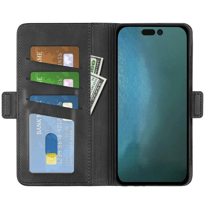For iPhone 14 Plus 6.7 inch Double Magnetic Clasp Textured Leather Case Stand Wallet Drop-proof Phone Cover - Black