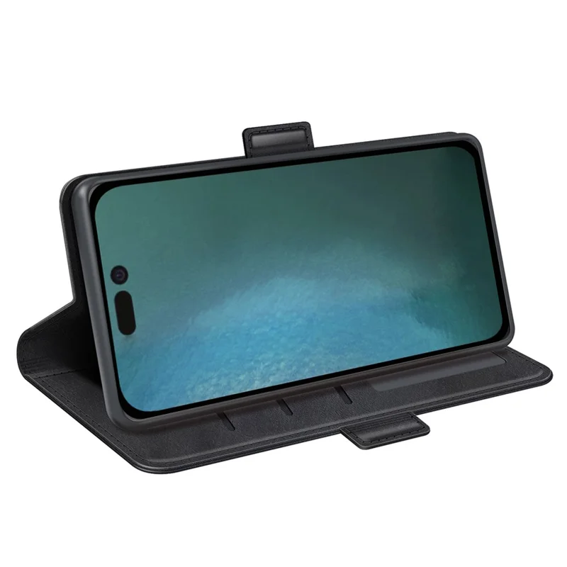 For iPhone 14 Plus 6.7 inch Double Magnetic Clasp Textured Leather Case Stand Wallet Drop-proof Phone Cover - Black
