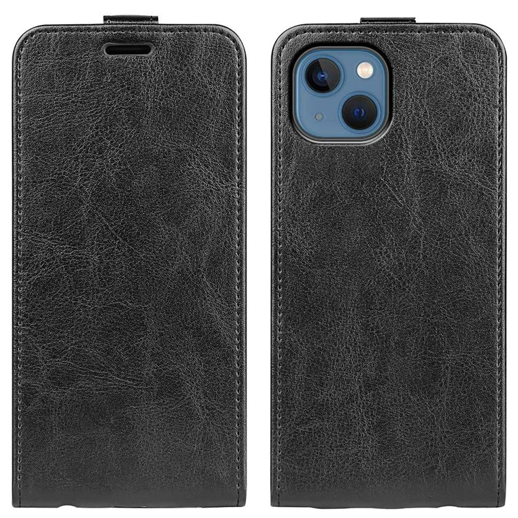 For iPhone 14 Plus 6.7 inch Impact Proof Vertical Flip Case Crazy Horse Texture PU Leather Magnetic Clasp Phone Cover with Card Holder - Black