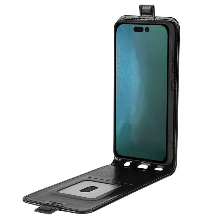 For iPhone 14 Plus 6.7 inch Impact Proof Vertical Flip Case Crazy Horse Texture PU Leather Magnetic Clasp Phone Cover with Card Holder - Black