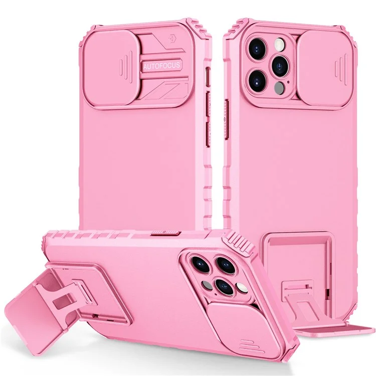 Adjustable Vertical Kickstand Phone Case for iPhone 12 Pro 6.1 Inch, TPU + PC Camera Slide Cover Protective Shell - Pink