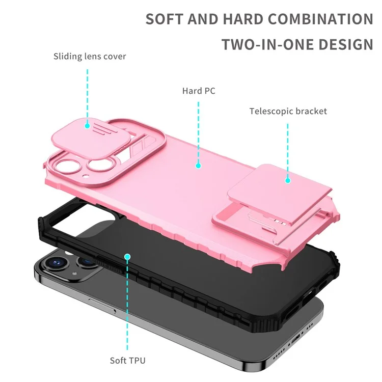 Adjustable Vertical Kickstand Phone Case for iPhone 12 Pro 6.1 Inch, TPU + PC Camera Slide Cover Protective Shell - Pink