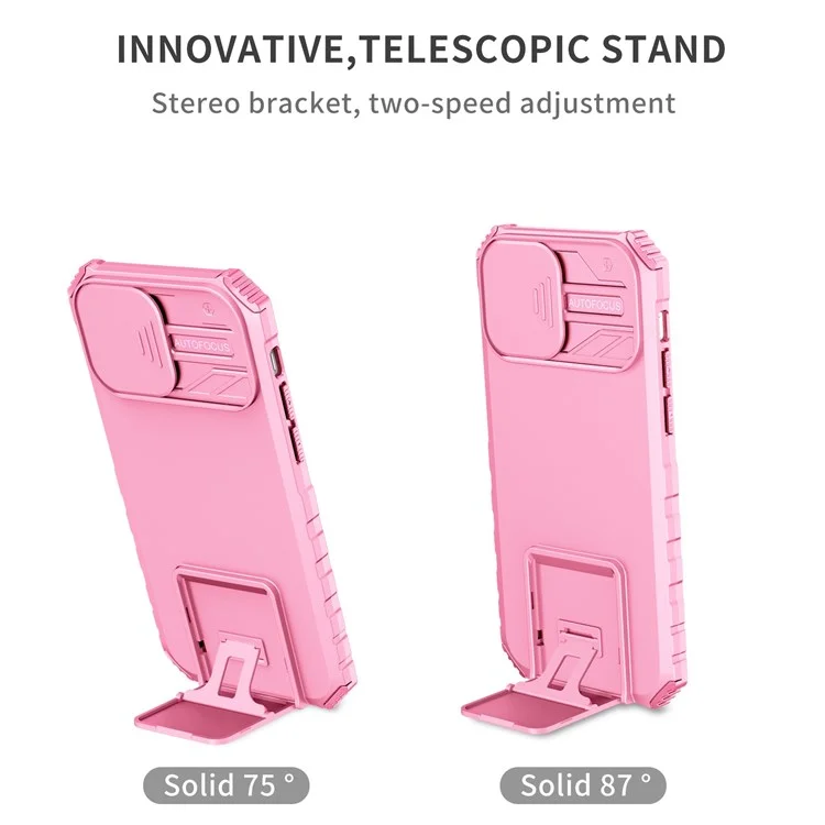 Adjustable Vertical Kickstand Phone Case for iPhone 12 Pro 6.1 Inch, TPU + PC Camera Slide Cover Protective Shell - Pink