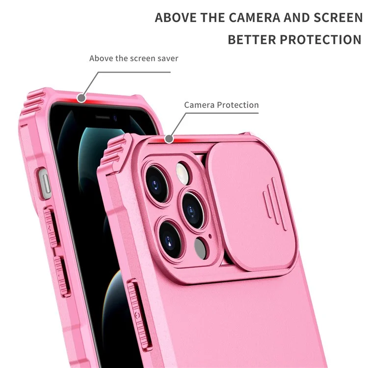 Adjustable Vertical Kickstand Phone Case for iPhone 12 Pro 6.1 Inch, TPU + PC Camera Slide Cover Protective Shell - Pink