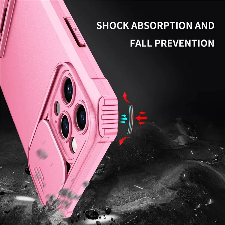 Adjustable Vertical Kickstand Phone Case for iPhone 12 Pro 6.1 Inch, TPU + PC Camera Slide Cover Protective Shell - Pink