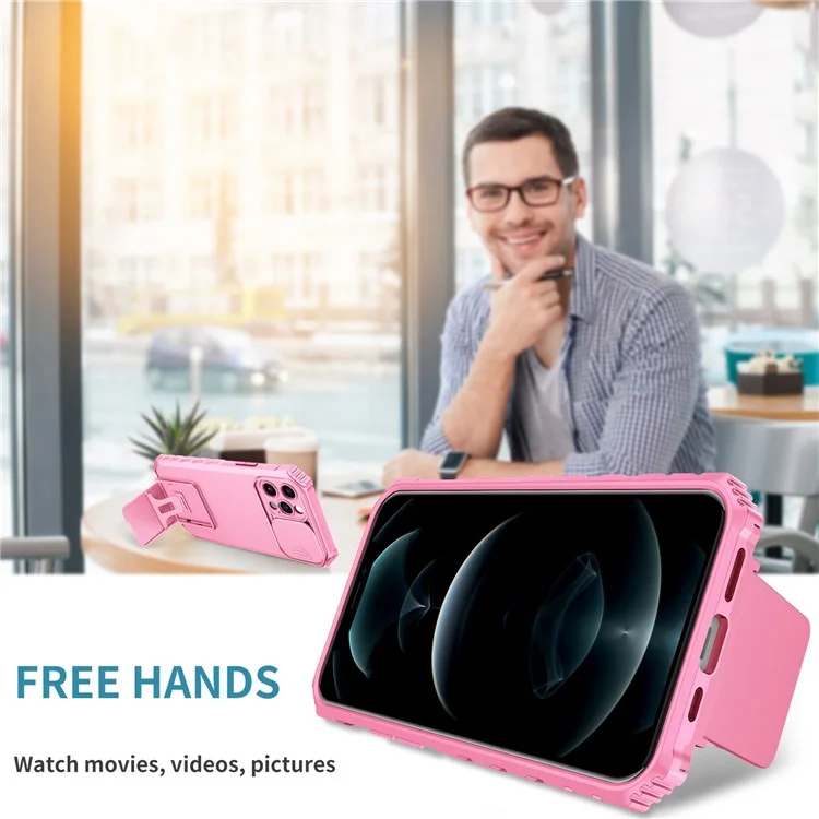 Adjustable Vertical Kickstand Phone Case for iPhone 12 Pro 6.1 Inch, TPU + PC Camera Slide Cover Protective Shell - Pink
