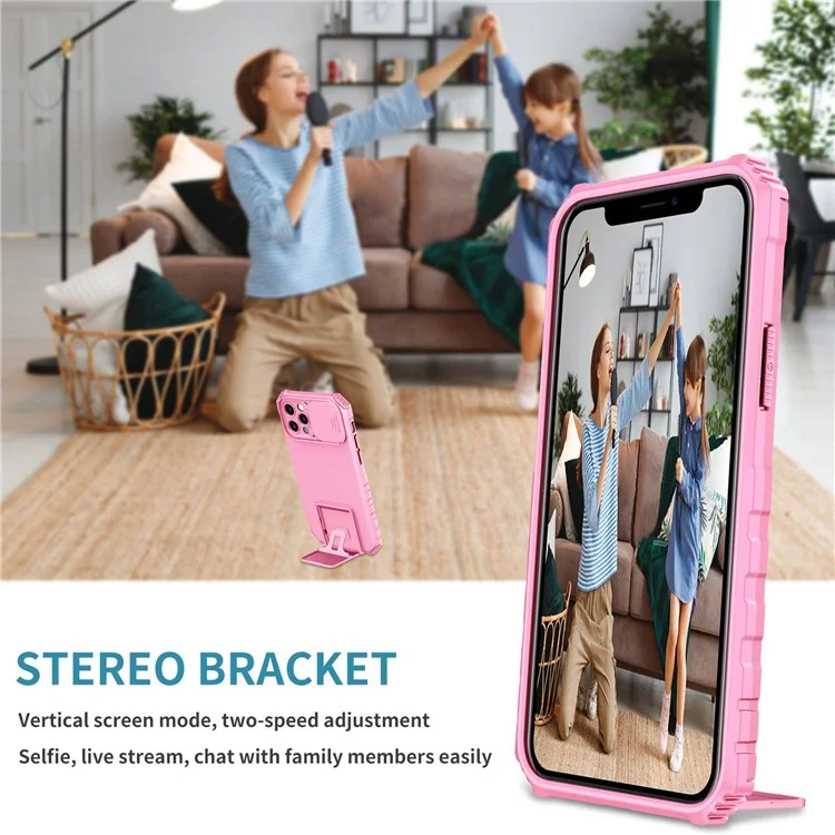 Adjustable Vertical Kickstand Phone Case for iPhone 12 Pro 6.1 Inch, TPU + PC Camera Slide Cover Protective Shell - Pink
