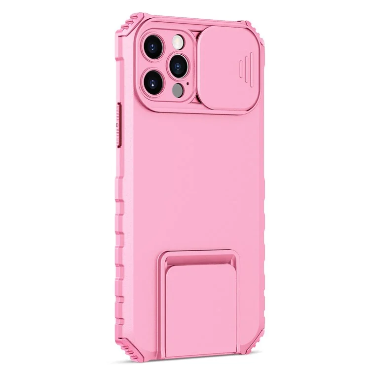 Adjustable Vertical Kickstand Phone Case for iPhone 12 Pro 6.1 Inch, TPU + PC Camera Slide Cover Protective Shell - Pink