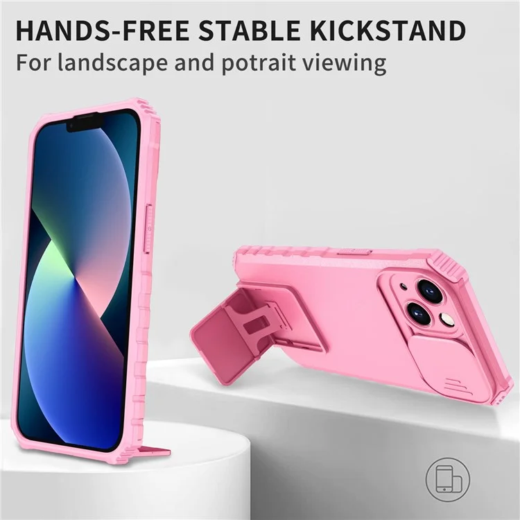 Adjustable Vertical Kickstand Phone Case for iPhone 12 Pro 6.1 Inch, TPU + PC Camera Slide Cover Protective Shell - Pink