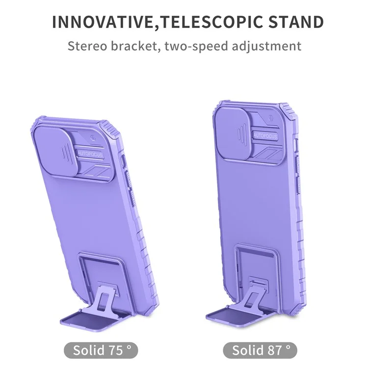 Adjustable Vertical Kickstand Phone Case for iPhone 12 Pro 6.1 Inch, TPU + PC Camera Slide Cover Protective Shell - Purple