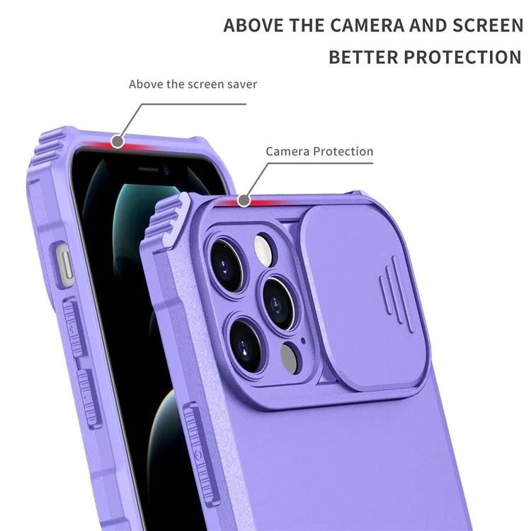 Adjustable Vertical Kickstand Phone Case for iPhone 12 Pro 6.1 Inch, TPU + PC Camera Slide Cover Protective Shell - Purple