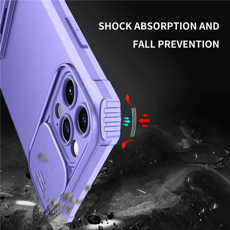 Adjustable Vertical Kickstand Phone Case for iPhone 12 Pro 6.1 Inch, TPU + PC Camera Slide Cover Protective Shell - Purple