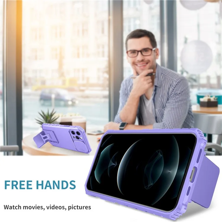 Adjustable Vertical Kickstand Phone Case for iPhone 12 Pro 6.1 Inch, TPU + PC Camera Slide Cover Protective Shell - Purple