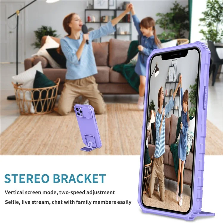 Adjustable Vertical Kickstand Phone Case for iPhone 12 Pro 6.1 Inch, TPU + PC Camera Slide Cover Protective Shell - Purple