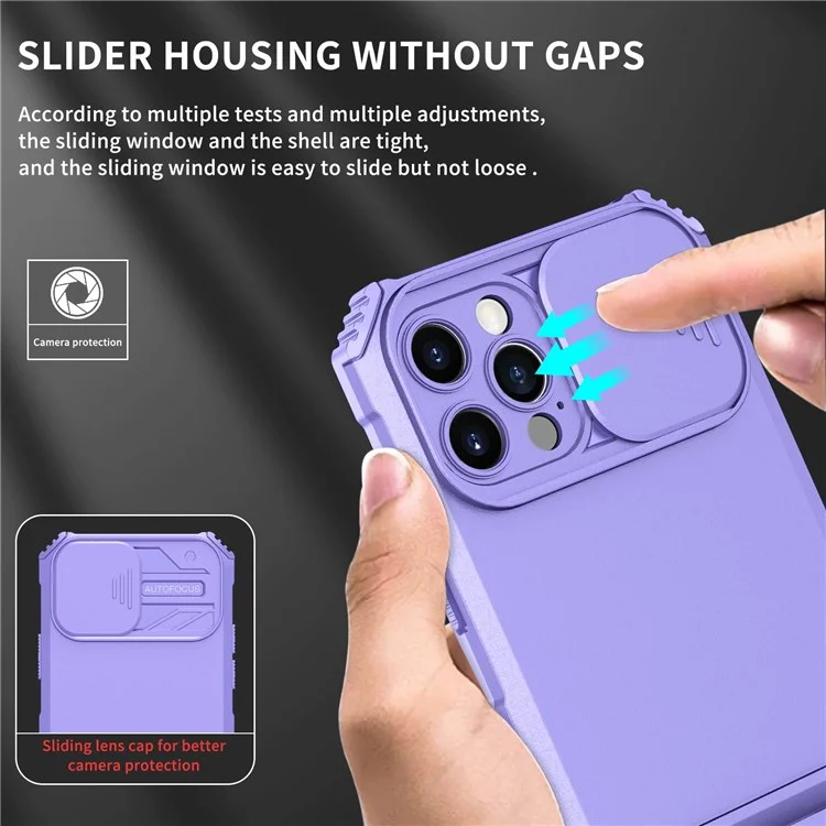 Adjustable Vertical Kickstand Phone Case for iPhone 12 Pro 6.1 Inch, TPU + PC Camera Slide Cover Protective Shell - Purple