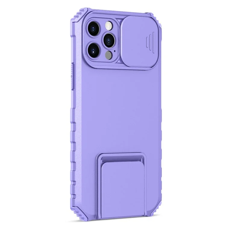 Adjustable Vertical Kickstand Phone Case for iPhone 12 Pro 6.1 Inch, TPU + PC Camera Slide Cover Protective Shell - Purple