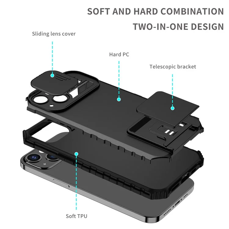 Per iPhone 13 Pro 6.1 pollici Slider Design Fotocamera Supporto Verticale Regolabile Cover Protettiva PC + TPU - Nero