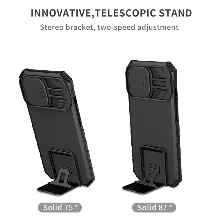 Per iPhone 13 Pro 6.1 pollici Slider Design Fotocamera Supporto Verticale Regolabile Cover Protettiva PC + TPU - Nero