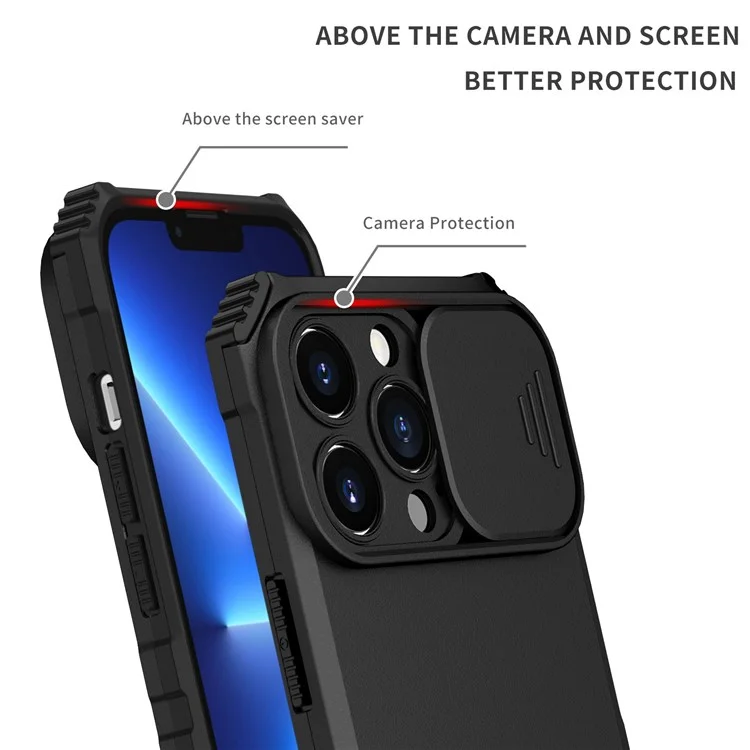 Per iPhone 13 Pro 6.1 pollici Slider Design Fotocamera Supporto Verticale Regolabile Cover Protettiva PC + TPU - Nero