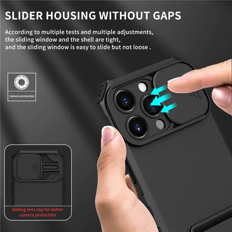 Per iPhone 13 Pro 6.1 pollici Slider Design Fotocamera Supporto Verticale Regolabile Cover Protettiva PC + TPU - Nero