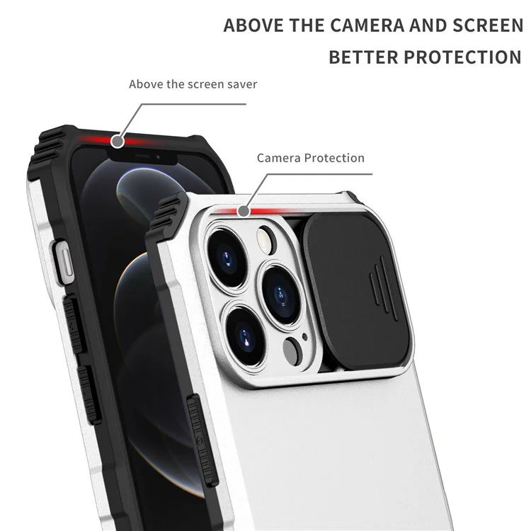 Pour iPhone 12 Pro Max 6.7 pouces Réglage d'angle Deux Vertical Kickstand PC + Étui de téléphone TPU avec Couvercle Coulissant de Caméra - Blanc