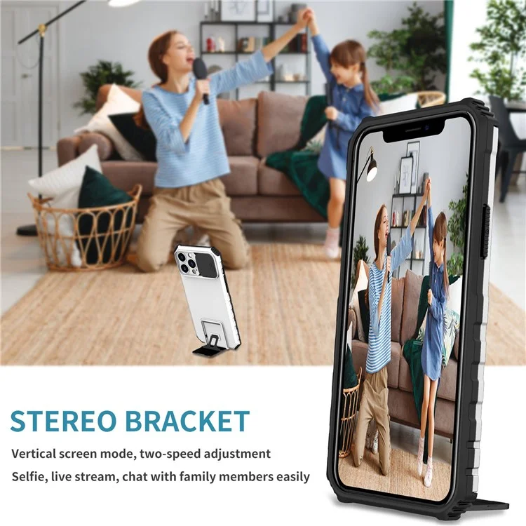 Pour iPhone 12 Pro Max 6.7 pouces Réglage d'angle Deux Vertical Kickstand PC + Étui de téléphone TPU avec Couvercle Coulissant de Caméra - Blanc