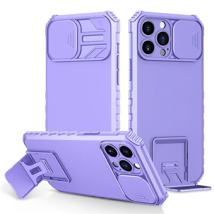 For iPhone 12 Pro Max 6.7 inch Two Angle Adjustment Vertical Kickstand PC + TPU Phone Case with Camera Sliding Cover - Purple