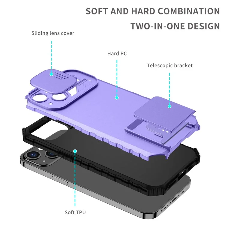 For iPhone 12 Pro Max 6.7 inch Two Angle Adjustment Vertical Kickstand PC + TPU Phone Case with Camera Sliding Cover - Purple