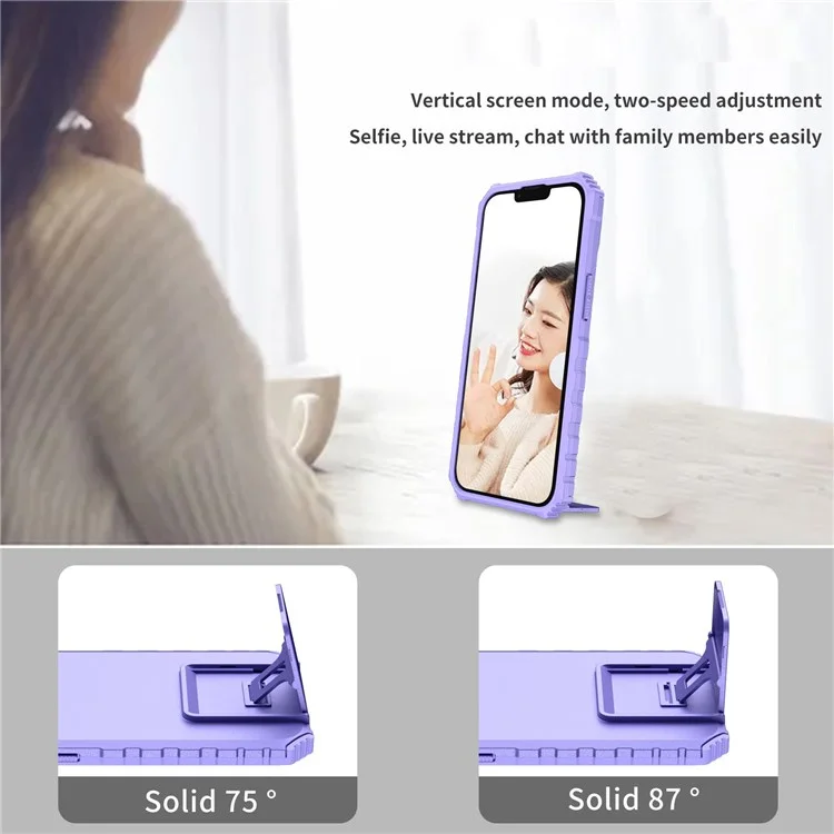For iPhone 12 Pro Max 6.7 inch Two Angle Adjustment Vertical Kickstand PC + TPU Phone Case with Camera Sliding Cover - Purple