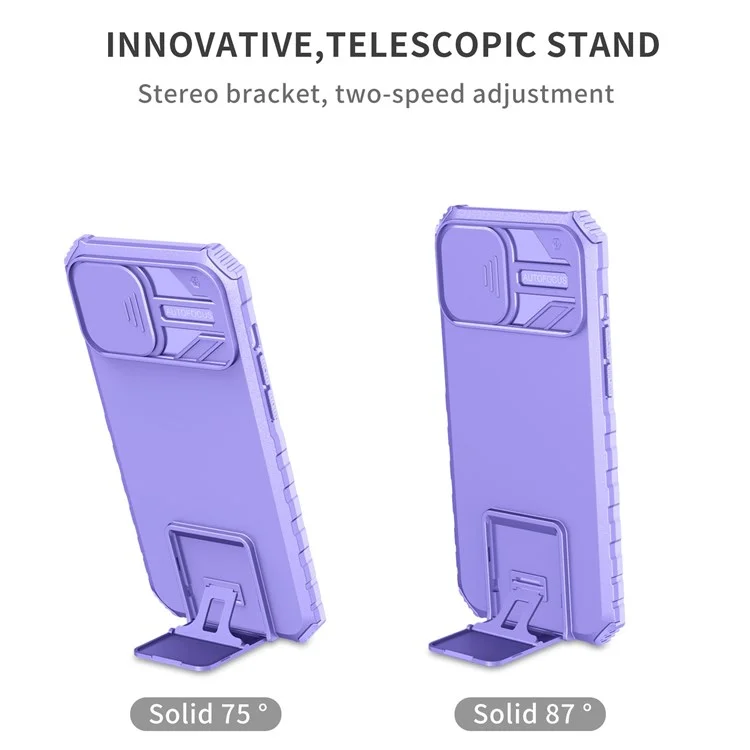 For iPhone 12 Pro Max 6.7 inch Two Angle Adjustment Vertical Kickstand PC + TPU Phone Case with Camera Sliding Cover - Purple