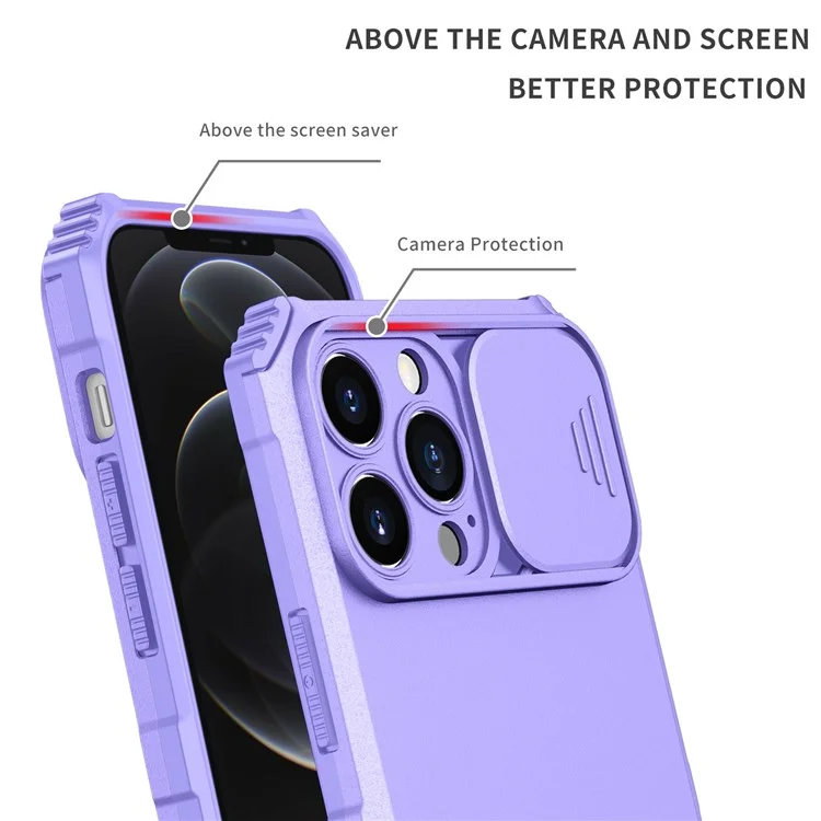 For iPhone 12 Pro Max 6.7 inch Two Angle Adjustment Vertical Kickstand PC + TPU Phone Case with Camera Sliding Cover - Purple
