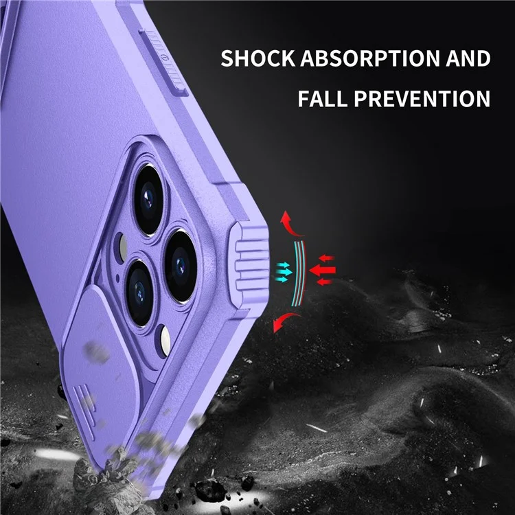 For iPhone 12 Pro Max 6.7 inch Two Angle Adjustment Vertical Kickstand PC + TPU Phone Case with Camera Sliding Cover - Purple