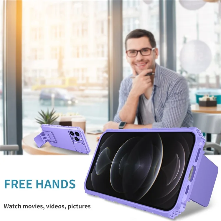 For iPhone 12 Pro Max 6.7 inch Two Angle Adjustment Vertical Kickstand PC + TPU Phone Case with Camera Sliding Cover - Purple