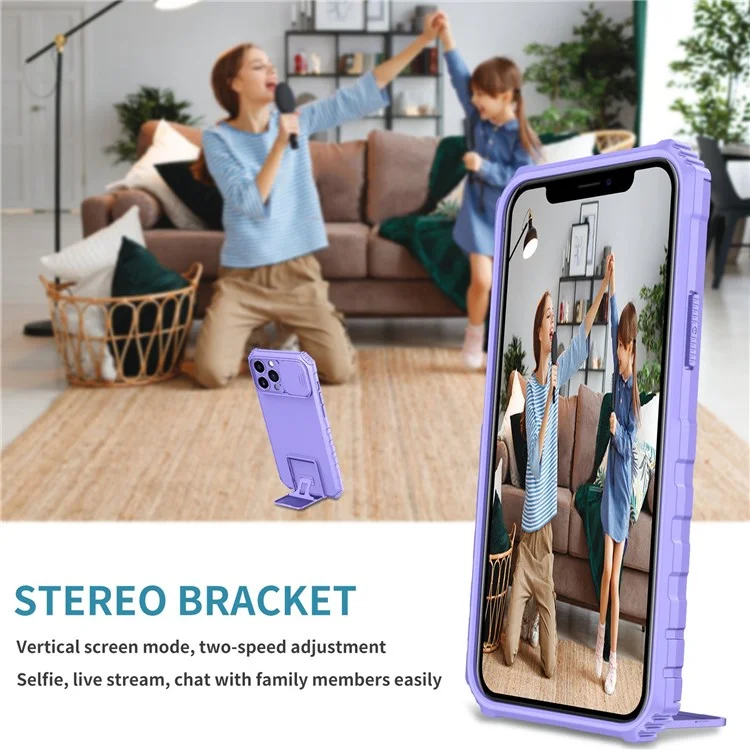 For iPhone 12 Pro Max 6.7 inch Two Angle Adjustment Vertical Kickstand PC + TPU Phone Case with Camera Sliding Cover - Purple