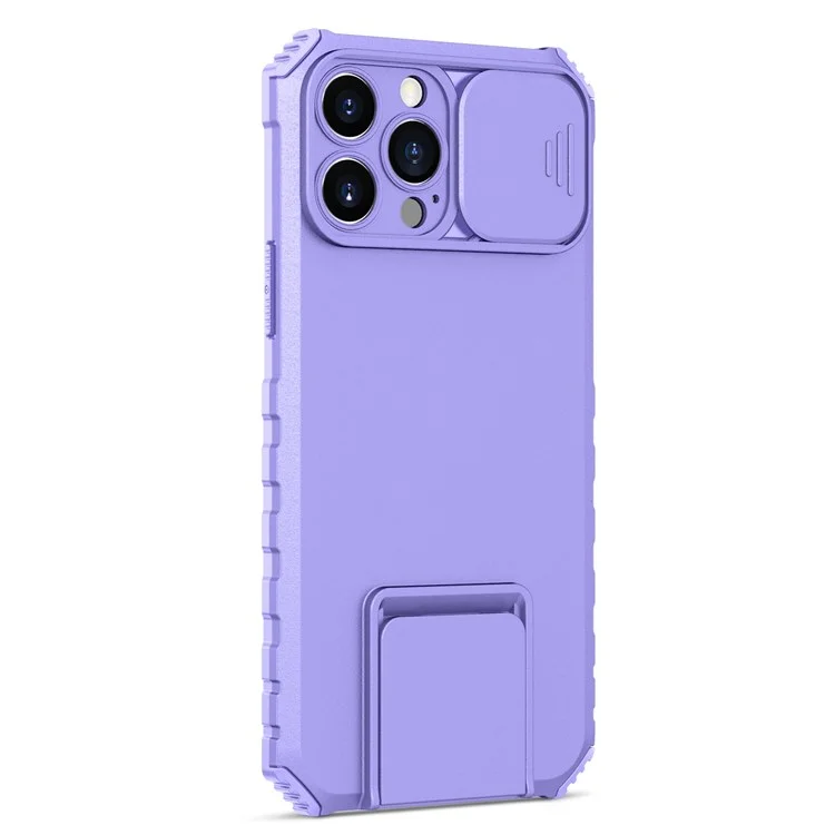 For iPhone 12 Pro Max 6.7 inch Two Angle Adjustment Vertical Kickstand PC + TPU Phone Case with Camera Sliding Cover - Purple