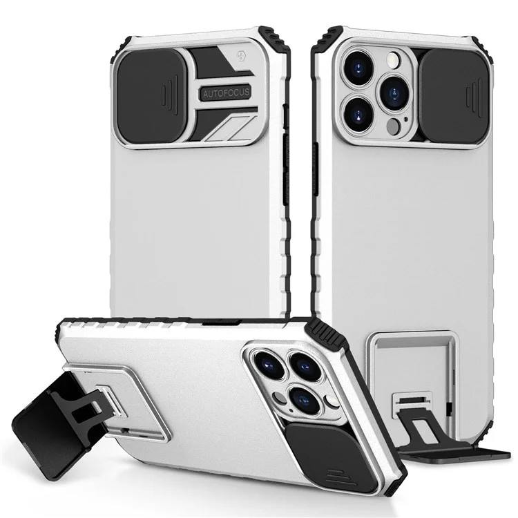 For iPhone 13 Pro Max 6.7 inch Adjustable Vertical Kickstand PC + TPU Case Camera Sliding Cover Phone Shell - White