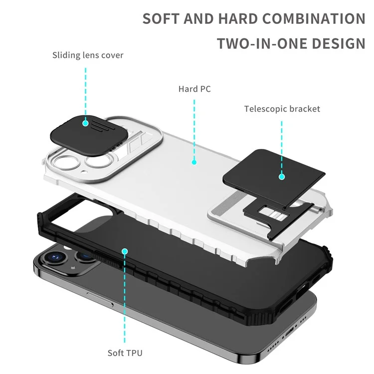 For iPhone 13 Pro Max 6.7 inch Adjustable Vertical Kickstand PC + TPU Case Camera Sliding Cover Phone Shell - White