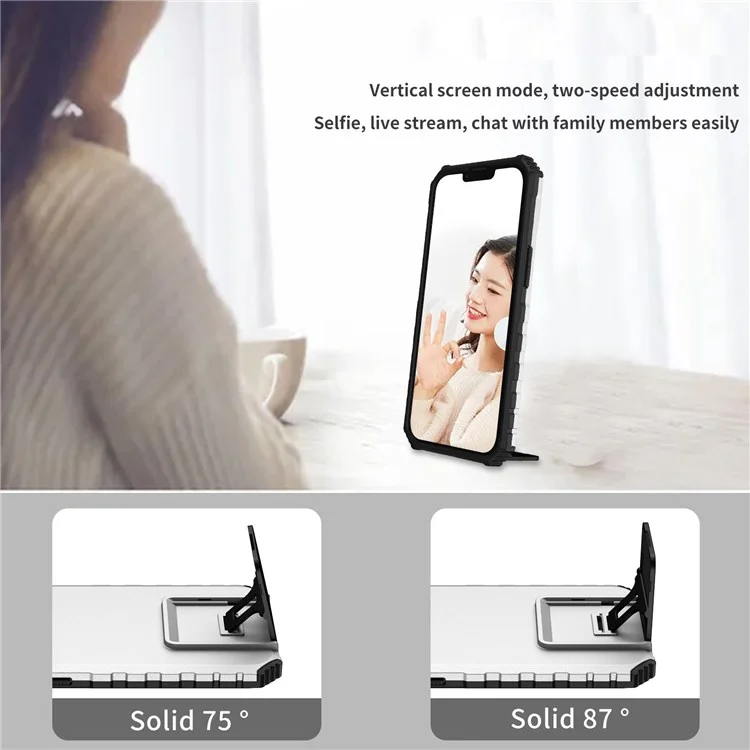 For iPhone 13 Pro Max 6.7 inch Adjustable Vertical Kickstand PC + TPU Case Camera Sliding Cover Phone Shell - White