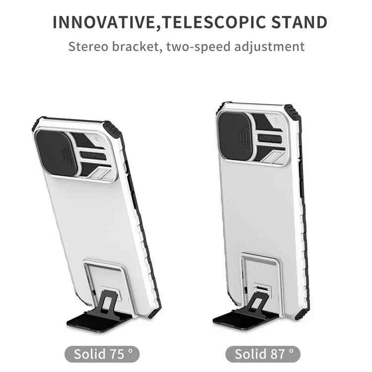 For iPhone 13 Pro Max 6.7 inch Adjustable Vertical Kickstand PC + TPU Case Camera Sliding Cover Phone Shell - White