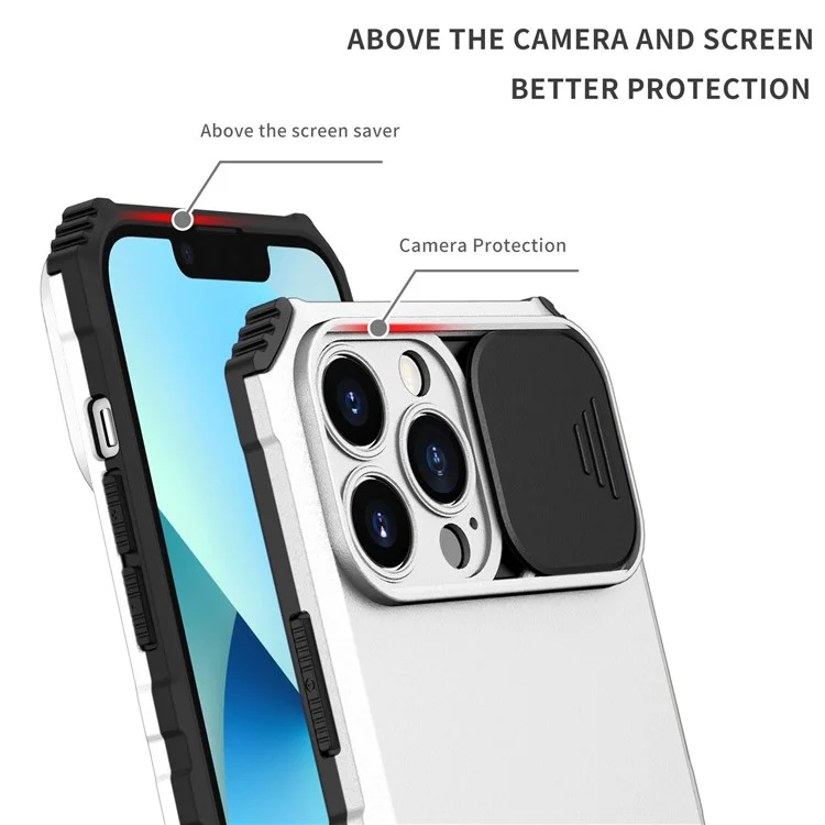 For iPhone 13 Pro Max 6.7 inch Adjustable Vertical Kickstand PC + TPU Case Camera Sliding Cover Phone Shell - White