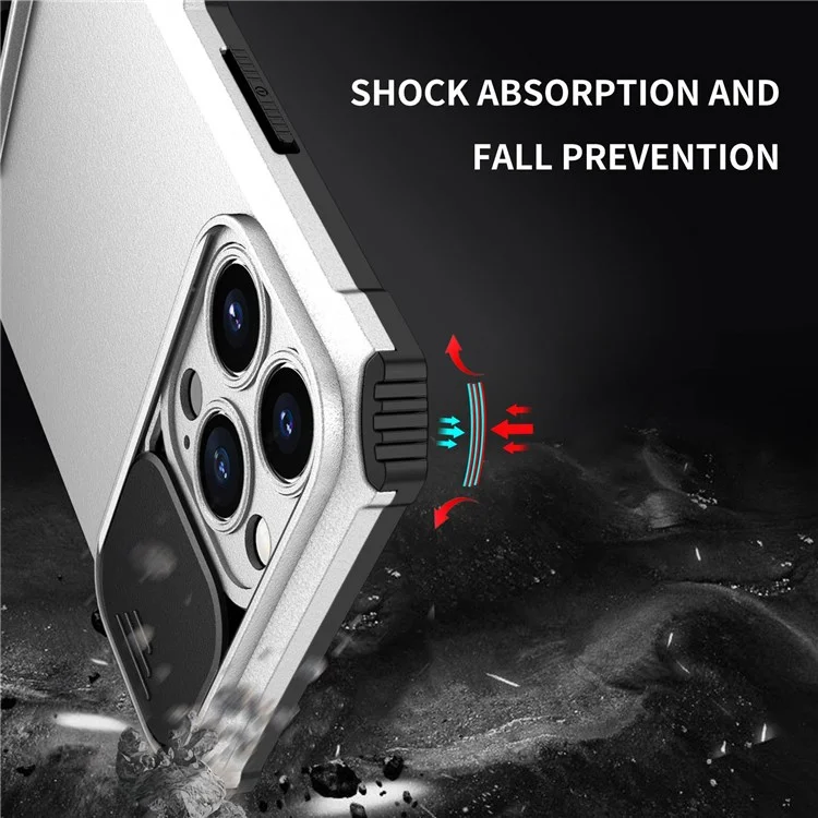 For iPhone 13 Pro Max 6.7 inch Adjustable Vertical Kickstand PC + TPU Case Camera Sliding Cover Phone Shell - White