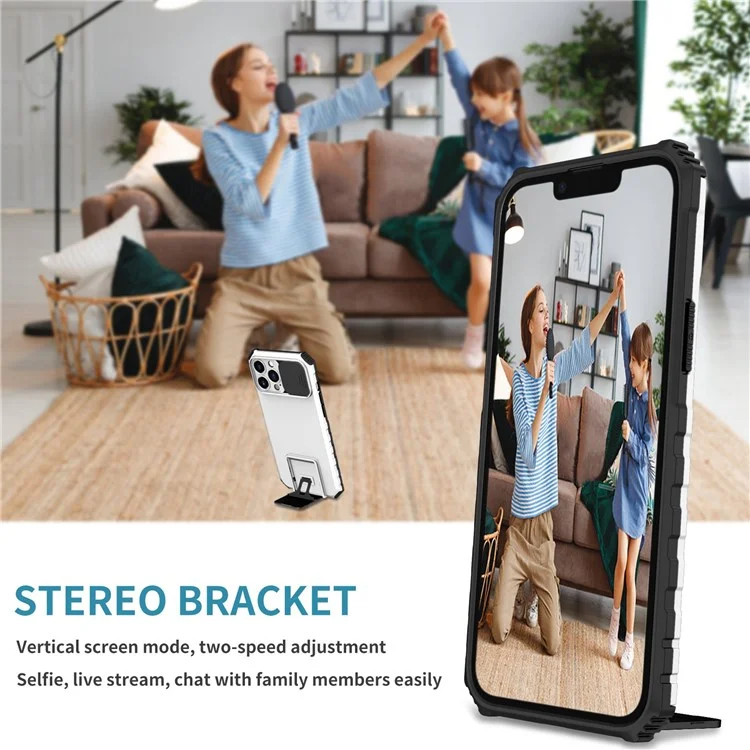 For iPhone 13 Pro Max 6.7 inch Adjustable Vertical Kickstand PC + TPU Case Camera Sliding Cover Phone Shell - White
