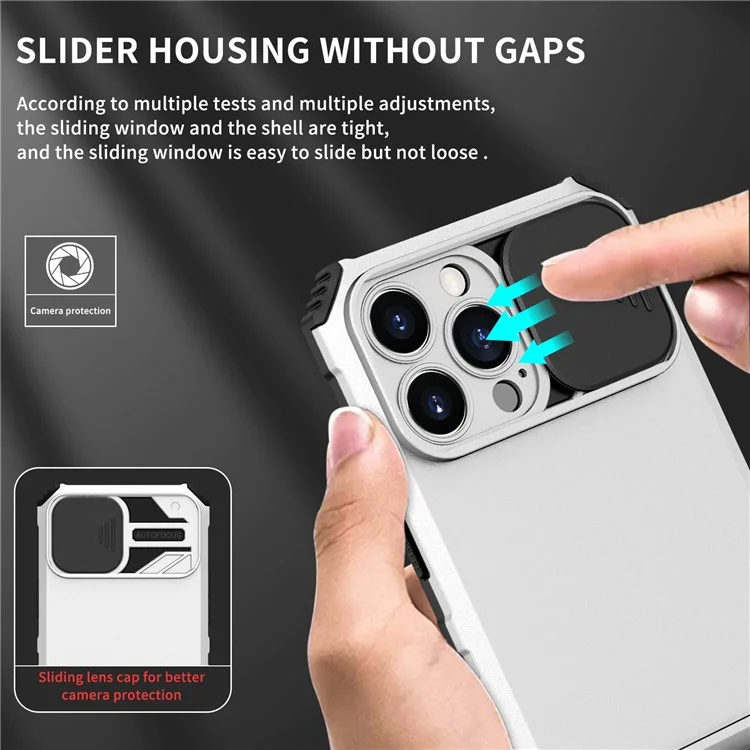 For iPhone 13 Pro Max 6.7 inch Adjustable Vertical Kickstand PC + TPU Case Camera Sliding Cover Phone Shell - White
