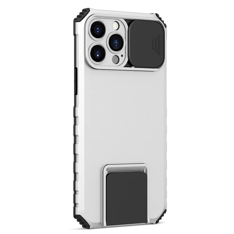 For iPhone 13 Pro Max 6.7 inch Adjustable Vertical Kickstand PC + TPU Case Camera Sliding Cover Phone Shell - White