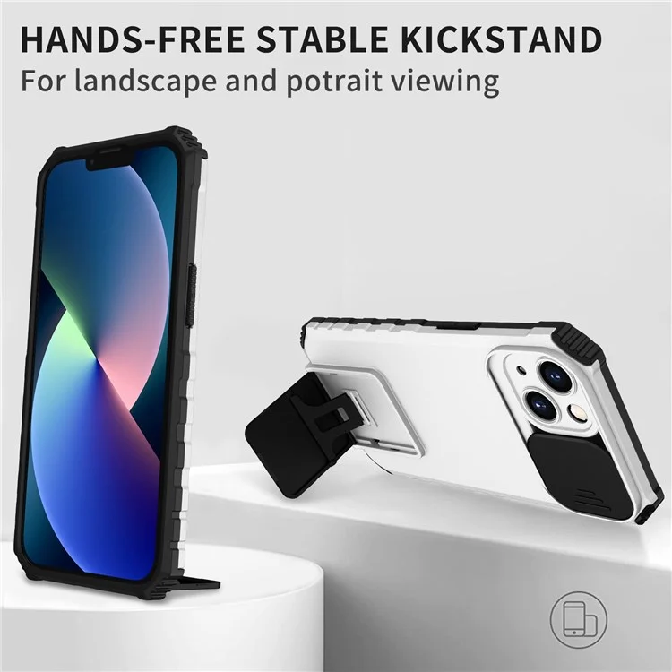 For iPhone 13 Pro Max 6.7 inch Adjustable Vertical Kickstand PC + TPU Case Camera Sliding Cover Phone Shell - White