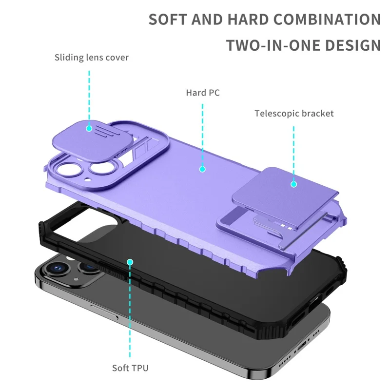 For iPhone 13 Pro Max 6.7 inch Adjustable Vertical Kickstand PC + TPU Case Camera Sliding Cover Phone Shell - Purple