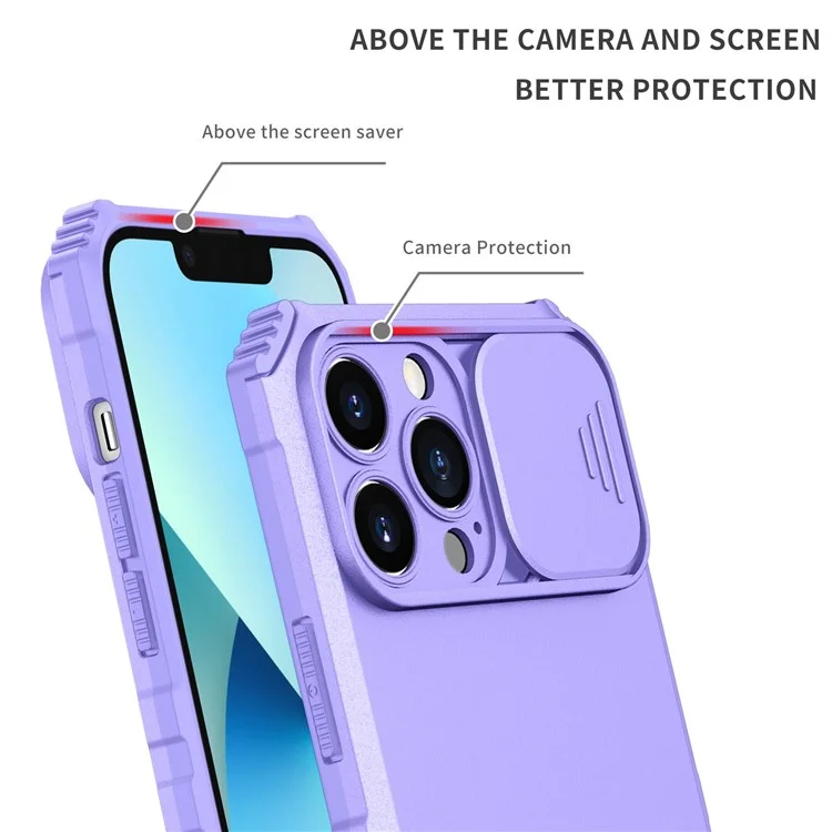 For iPhone 13 Pro Max 6.7 inch Adjustable Vertical Kickstand PC + TPU Case Camera Sliding Cover Phone Shell - Purple