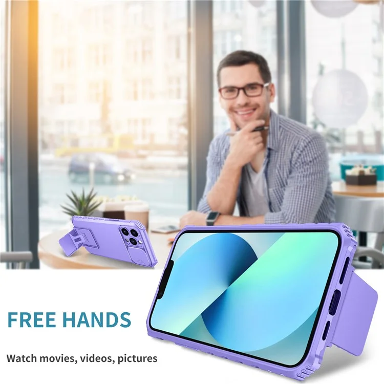 For iPhone 13 Pro Max 6.7 inch Adjustable Vertical Kickstand PC + TPU Case Camera Sliding Cover Phone Shell - Purple